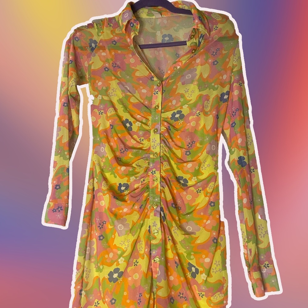 Pacsun floral mesh ruched button-up dress